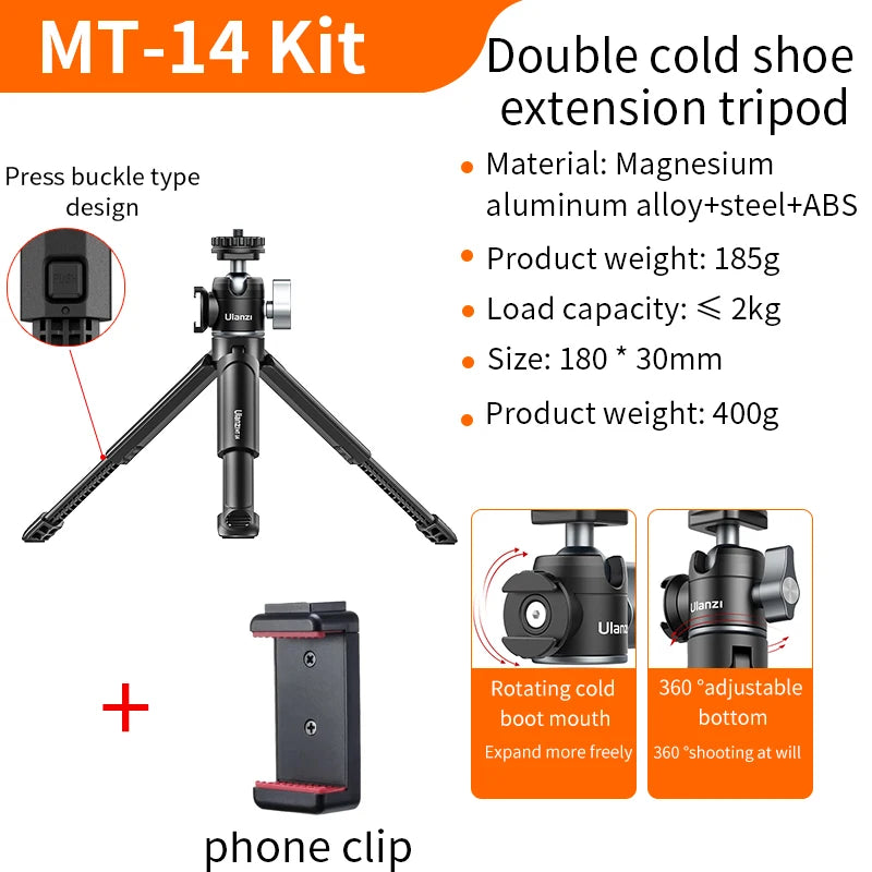 Ulanzi MT-14 Aluminum Alloy Tripod 2KG Load with 360° Ballhead 1/4 Screw Light Portable Vlog Kit Light Desktop Tripods For Phone