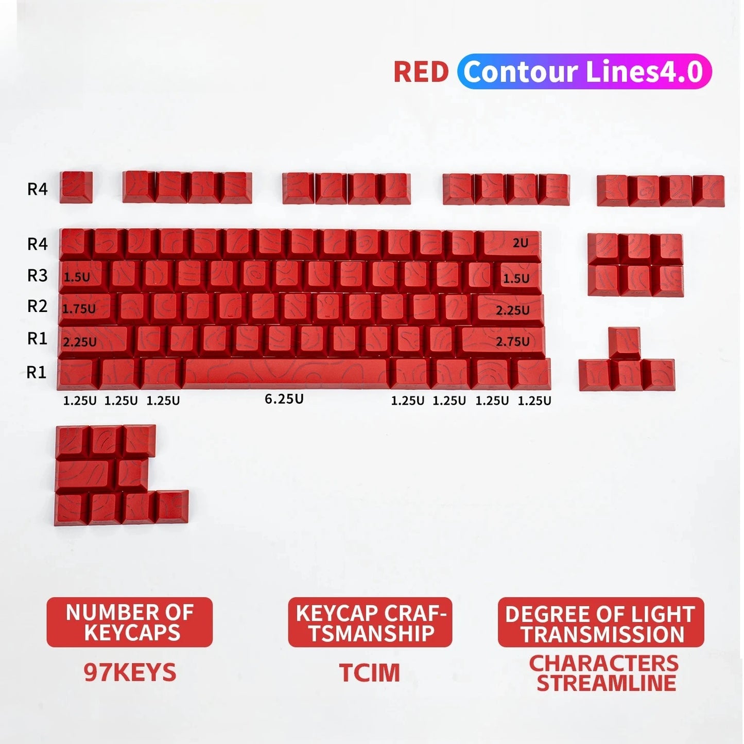 98 Keys Side-lit Shine Through Keycaps Grey Topographic Cherry Profile PBT Double Shot Keycaps for MX Switches Gaming Keyboard
