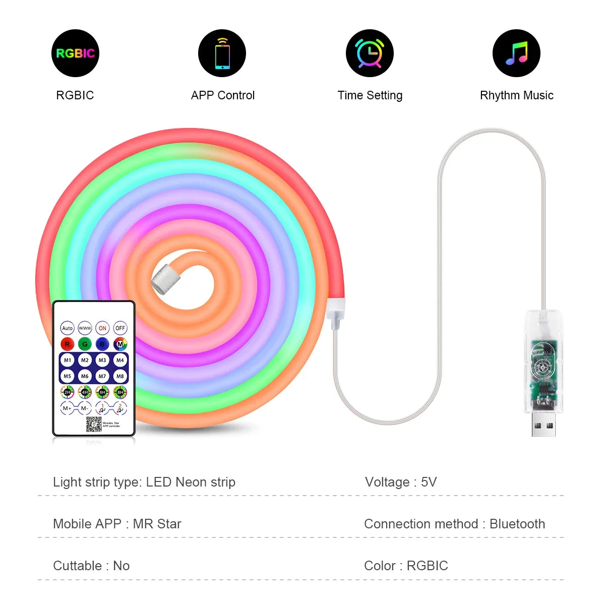Smart RGBIC LED Neon Strip With Bluetooth App & Remote Control, 5V USB, IP67 Waterproof, Music Sync, Time Setting For Home Decor