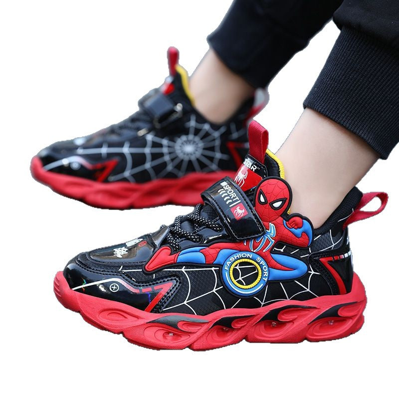 2025 Boys' Shoes Children's Anti-Slip Mid-Leat Running Shoes Leather with Lights Spider-Man Children's Sports Shoes Autumn Lightweight