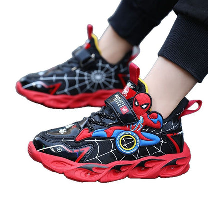 2025 Boys' Shoes Children's Anti-Slip Mid-Leat Running Shoes Leather with Lights Spider-Man Children's Sports Shoes Autumn Lightweight