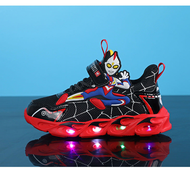2025 Boys' Shoes Children's Anti-Slip Mid-Leat Running Shoes Leather with Lights Spider-Man Children's Sports Shoes Autumn Lightweight