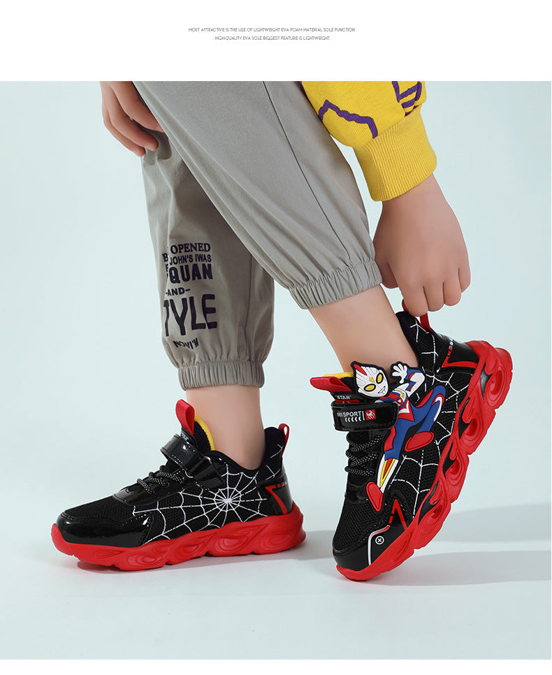 2025 Boys' Shoes Children's Anti-Slip Mid-Leat Running Shoes Leather with Lights Spider-Man Children's Sports Shoes Autumn Lightweight