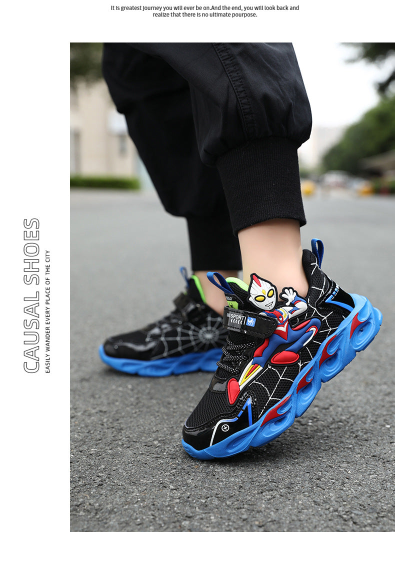 2025 Boys' Shoes Children's Anti-Slip Mid-Leat Running Shoes Leather with Lights Spider-Man Children's Sports Shoes Autumn Lightweight
