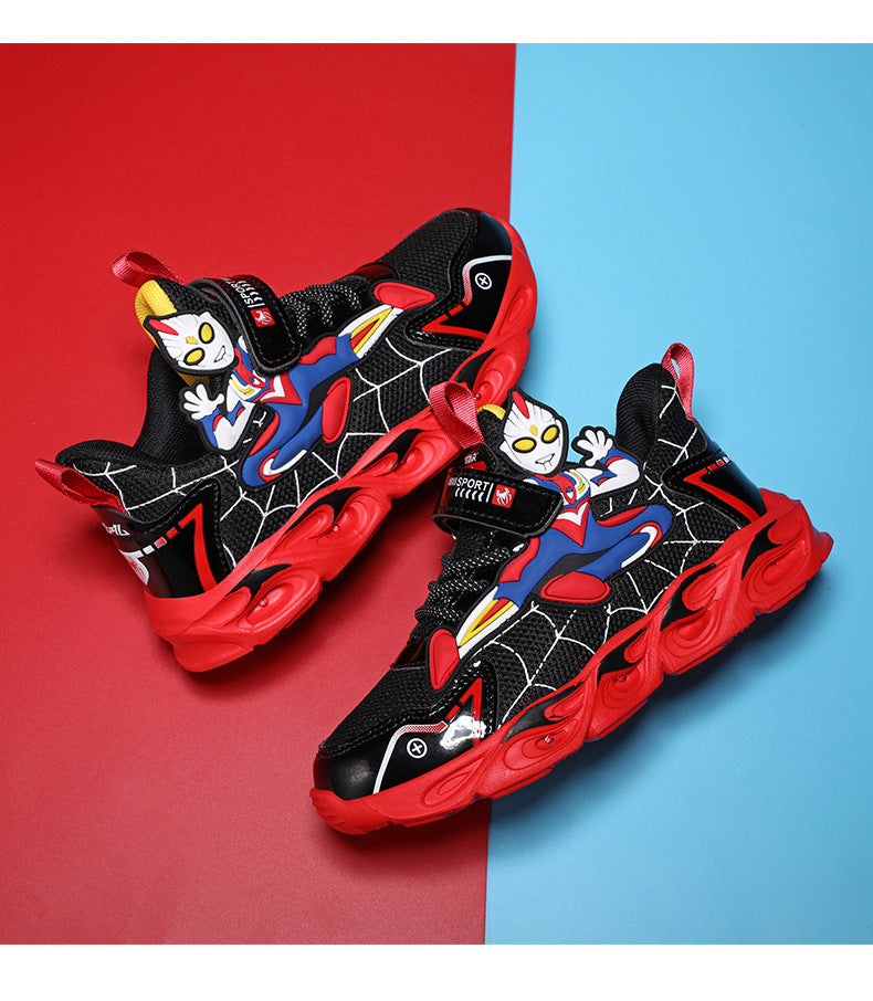 2025 Boys' Shoes Children's Anti-Slip Mid-Leat Running Shoes Leather with Lights Spider-Man Children's Sports Shoes Autumn Lightweight
