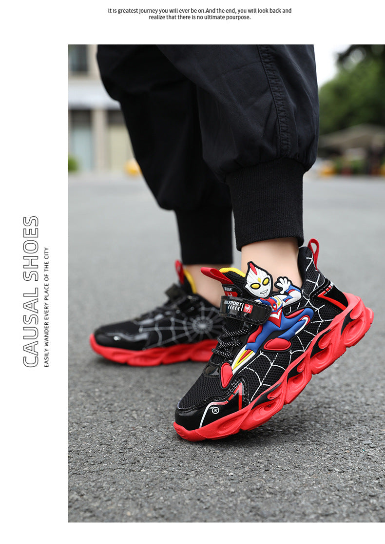 2025 Boys' Shoes Children's Anti-Slip Mid-Leat Running Shoes Leather with Lights Spider-Man Children's Sports Shoes Autumn Lightweight