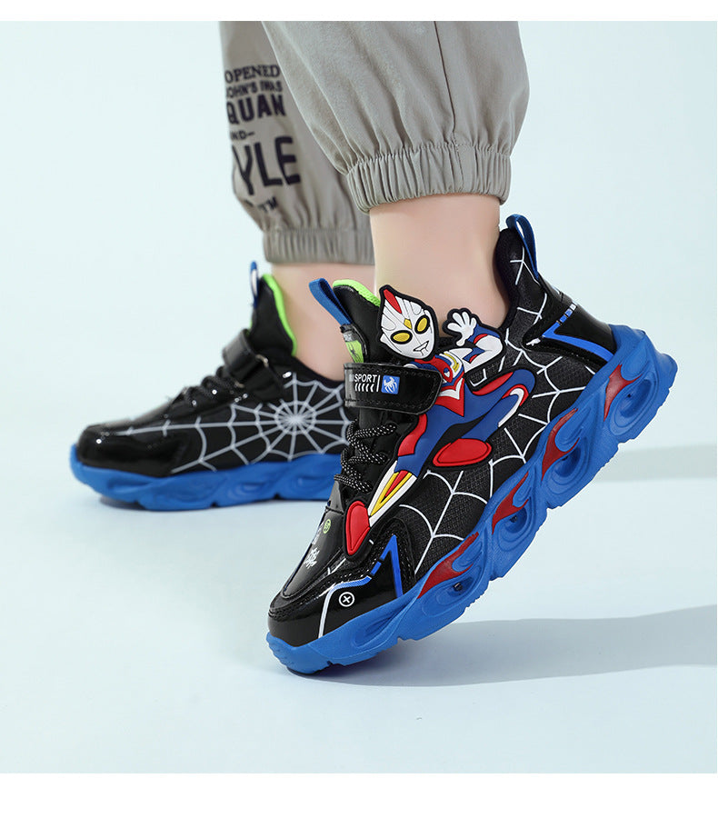 2025 Boys' Shoes Children's Anti-Slip Mid-Leat Running Shoes Leather with Lights Spider-Man Children's Sports Shoes Autumn Lightweight
