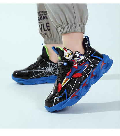 2025 Boys' Shoes Children's Anti-Slip Mid-Leat Running Shoes Leather with Lights Spider-Man Children's Sports Shoes Autumn Lightweight