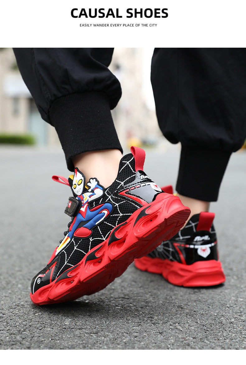 2025 Boys' Shoes Children's Anti-Slip Mid-Leat Running Shoes Leather with Lights Spider-Man Children's Sports Shoes Autumn Lightweight
