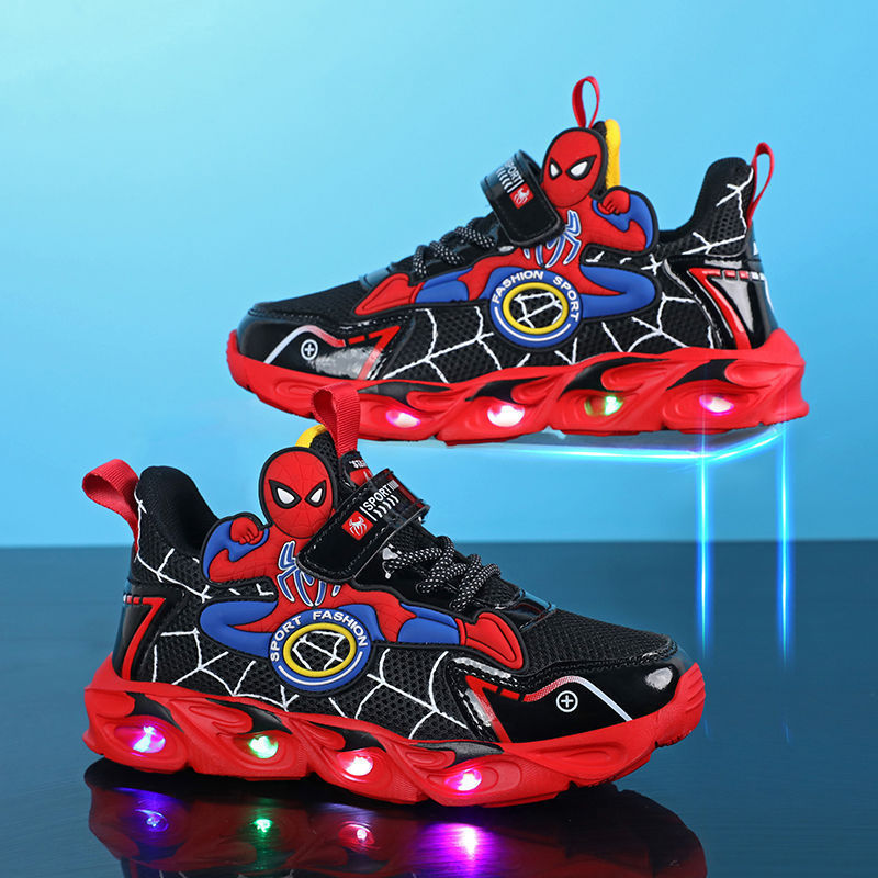 2025 Boys' Shoes Children's Anti-Slip Mid-Leat Running Shoes Leather with Lights Spider-Man Children's Sports Shoes Autumn Lightweight