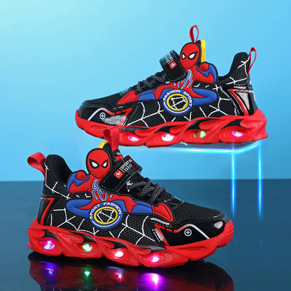 2025 Boys' Shoes Children's Anti-Slip Mid-Leat Running Shoes Leather with Lights Spider-Man Children's Sports Shoes Autumn Lightweight