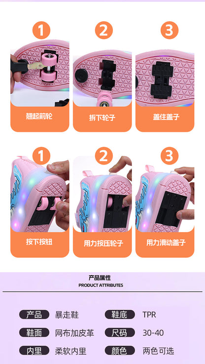 Factory Direct Sale Children's Light-Up Roller Shoes with Double Wheels, Invisible Student Roller Skates with Wheels for Walking, Suitable for Girls