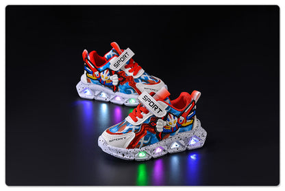 Spring and autumn 2025 new leather bright lights children's sneaker wholesale cartoon with lights boys soft bottom running shoes in stock