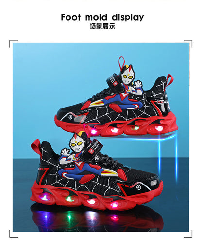 2025 Boys' Shoes Children's Anti-Slip Mid-Leat Running Shoes Leather with Lights Spider-Man Children's Sports Shoes Autumn Lightweight