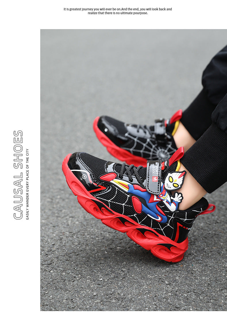 2025 Boys' Shoes Children's Anti-Slip Mid-Leat Running Shoes Leather with Lights Spider-Man Children's Sports Shoes Autumn Lightweight