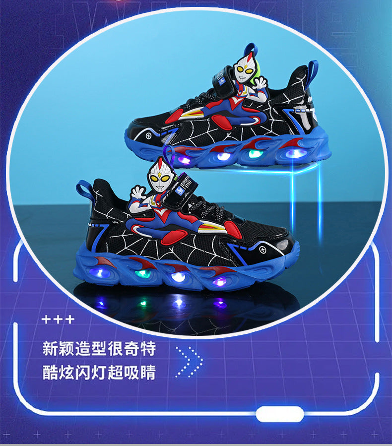 2025 Boys' Shoes Children's Anti-Slip Mid-Leat Running Shoes Leather with Lights Spider-Man Children's Sports Shoes Autumn Lightweight
