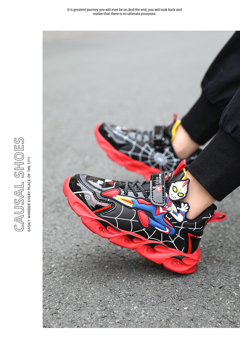 2025 Boys' Shoes Children's Anti-Slip Mid-Leat Running Shoes Leather with Lights Spider-Man Children's Sports Shoes Autumn Lightweight