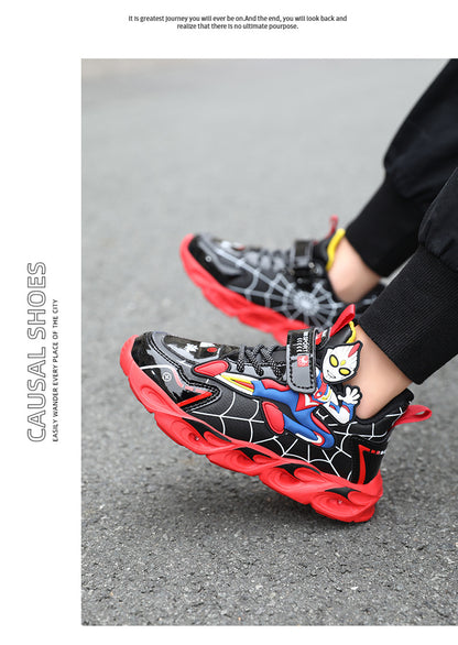 2025 Boys' Shoes Children's Anti-Slip Mid-Leat Running Shoes Leather with Lights Spider-Man Children's Sports Shoes Autumn Lightweight
