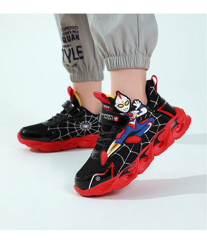 2025 Boys' Shoes Children's Anti-Slip Mid-Leat Running Shoes Leather with Lights Spider-Man Children's Sports Shoes Autumn Lightweight