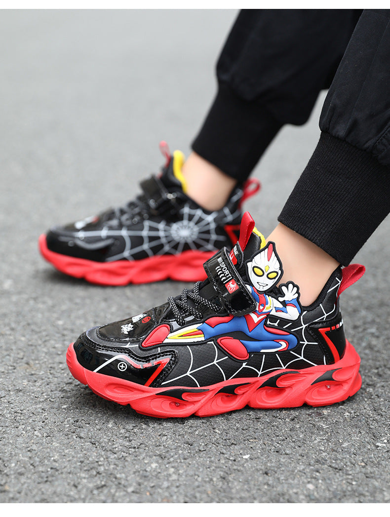 2025 Boys' Shoes Children's Anti-Slip Mid-Leat Running Shoes Leather with Lights Spider-Man Children's Sports Shoes Autumn Lightweight