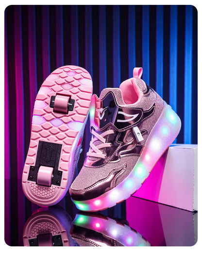 Factory Direct Sale Children's Light-Up Roller Shoes with Double Wheels, Invisible Student Roller Skates with Wheels for Walking, Suitable for Girls