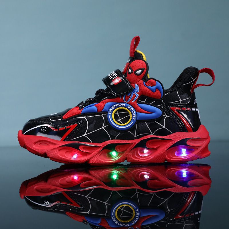 2025 Boys' Shoes Children's Anti-Slip Mid-Leat Running Shoes Leather with Lights Spider-Man Children's Sports Shoes Autumn Lightweight