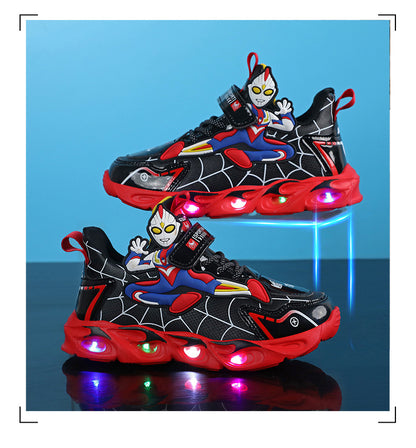 2025 Boys' Shoes Children's Anti-Slip Mid-Leat Running Shoes Leather with Lights Spider-Man Children's Sports Shoes Autumn Lightweight