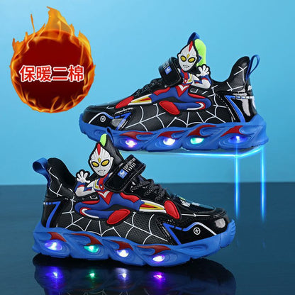 2025 Boys' Shoes Children's Anti-Slip Mid-Leat Running Shoes Leather with Lights Spider-Man Children's Sports Shoes Autumn Lightweight