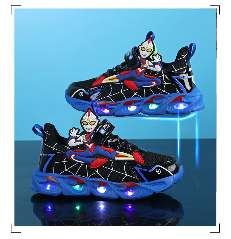 2025 Boys' Shoes Children's Anti-Slip Mid-Leat Running Shoes Leather with Lights Spider-Man Children's Sports Shoes Autumn Lightweight
