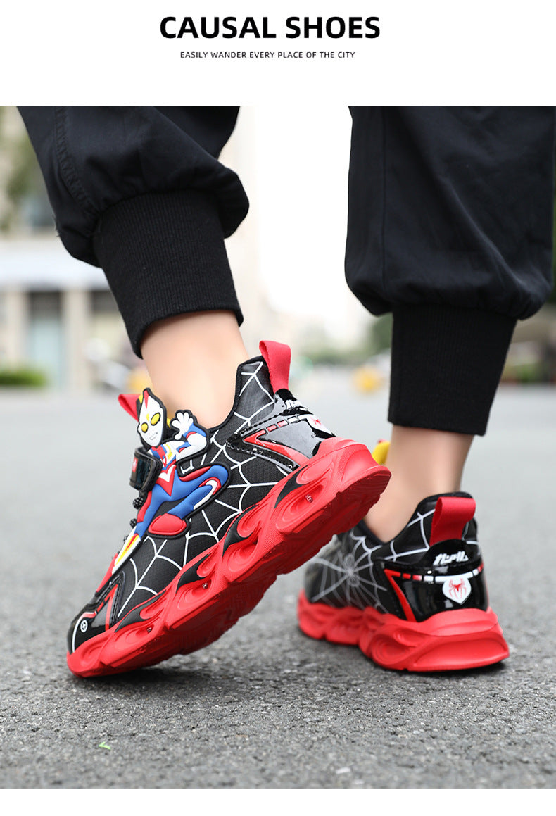 2025 Boys' Shoes Children's Anti-Slip Mid-Leat Running Shoes Leather with Lights Spider-Man Children's Sports Shoes Autumn Lightweight