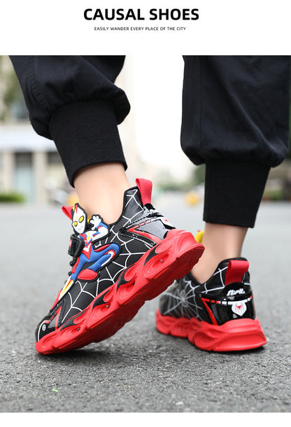 2025 Boys' Shoes Children's Anti-Slip Mid-Leat Running Shoes Leather with Lights Spider-Man Children's Sports Shoes Autumn Lightweight