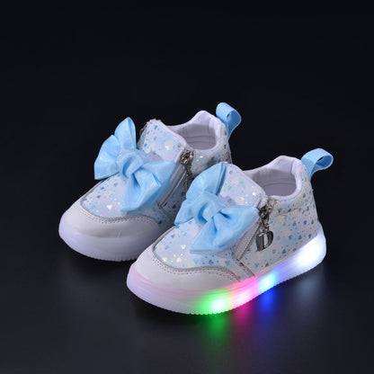 Spring and Autumn New Girls Princess LED Lighting Small and Medium Girls Casual Bow Sports Soft Sole Shoes Factory Outlet