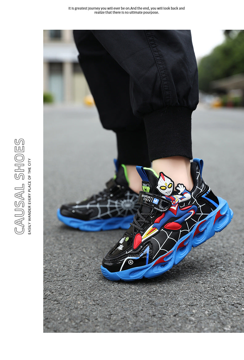 2025 Boys' Shoes Children's Anti-Slip Mid-Leat Running Shoes Leather with Lights Spider-Man Children's Sports Shoes Autumn Lightweight