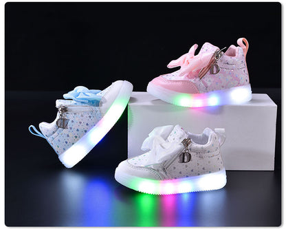 Spring and Autumn New Girls Princess LED Lighting Small and Medium Girls Casual Bow Sports Soft Sole Shoes Factory Outlet