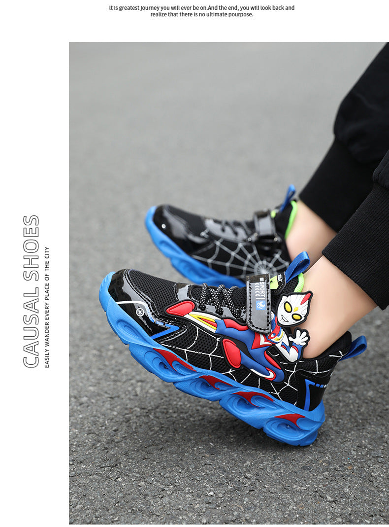 2025 Boys' Shoes Children's Anti-Slip Mid-Leat Running Shoes Leather with Lights Spider-Man Children's Sports Shoes Autumn Lightweight