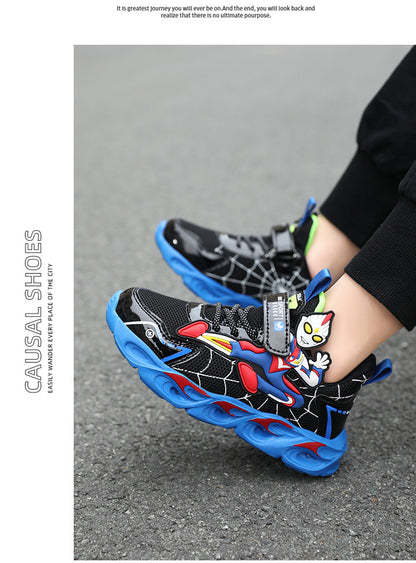 2025 Boys' Shoes Children's Anti-Slip Mid-Leat Running Shoes Leather with Lights Spider-Man Children's Sports Shoes Autumn Lightweight