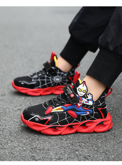2025 Boys' Shoes Children's Anti-Slip Mid-Leat Running Shoes Leather with Lights Spider-Man Children's Sports Shoes Autumn Lightweight