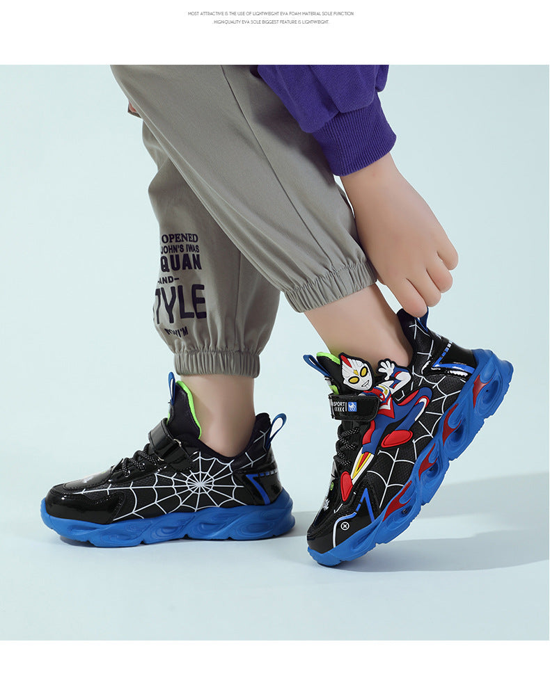 2025 Boys' Shoes Children's Anti-Slip Mid-Leat Running Shoes Leather with Lights Spider-Man Children's Sports Shoes Autumn Lightweight