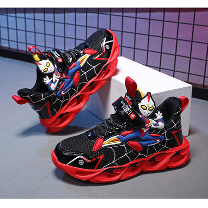 2025 Boys' Shoes Children's Anti-Slip Mid-Leat Running Shoes Leather with Lights Spider-Man Children's Sports Shoes Autumn Lightweight