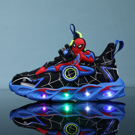 2025 Boys' Shoes Children's Anti-Slip Mid-Leat Running Shoes Leather with Lights Spider-Man Children's Sports Shoes Autumn Lightweight