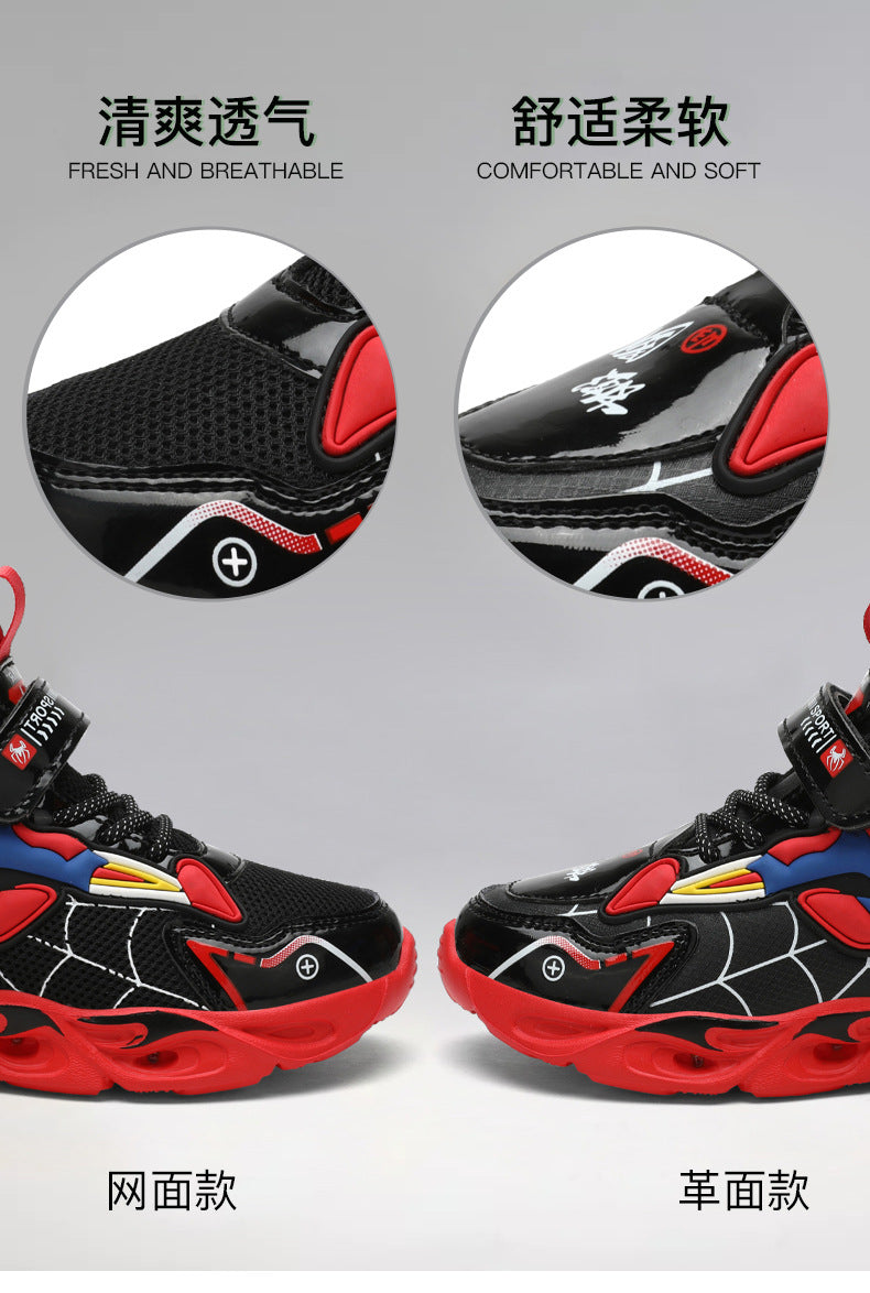2025 Boys' Shoes Children's Anti-Slip Mid-Leat Running Shoes Leather with Lights Spider-Man Children's Sports Shoes Autumn Lightweight