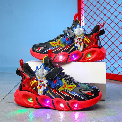 2025 Boys' Shoes Children's Anti-Slip Mid-Leat Running Shoes Leather with Lights Spider-Man Children's Sports Shoes Autumn Lightweight