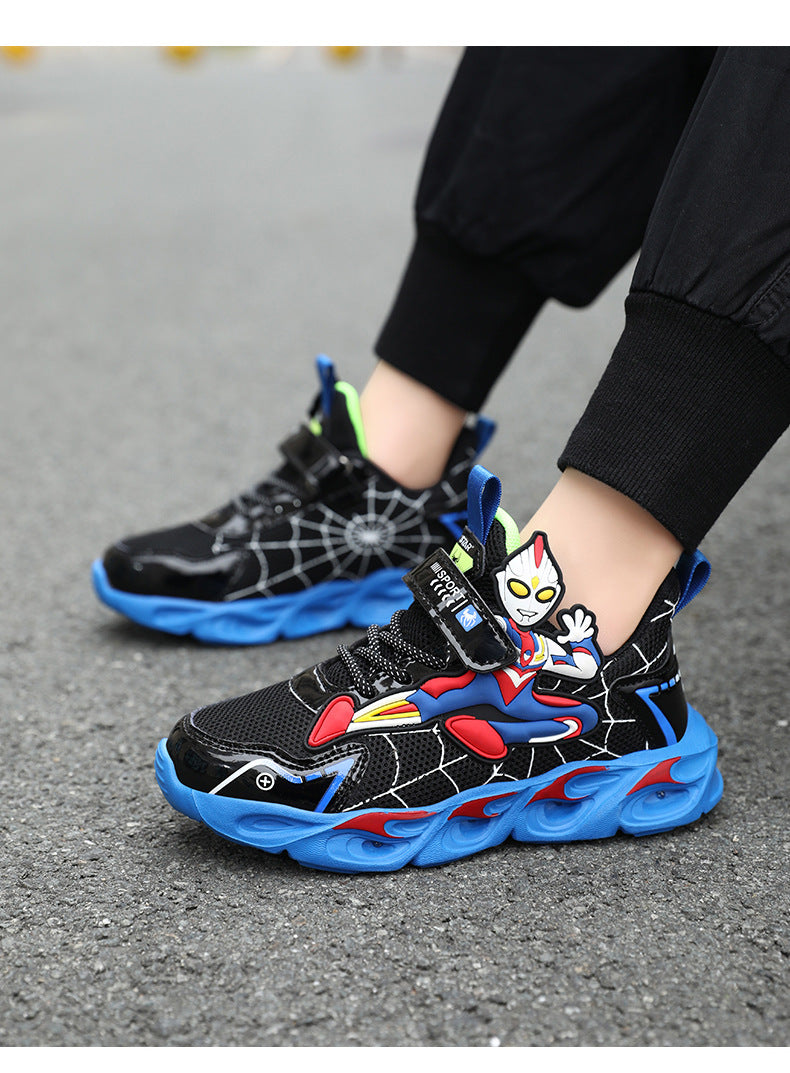 2025 Boys' Shoes Children's Anti-Slip Mid-Leat Running Shoes Leather with Lights Spider-Man Children's Sports Shoes Autumn Lightweight