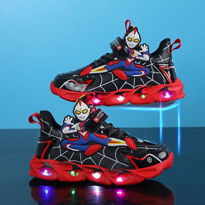 2025 Boys' Shoes Children's Anti-Slip Mid-Leat Running Shoes Leather with Lights Spider-Man Children's Sports Shoes Autumn Lightweight