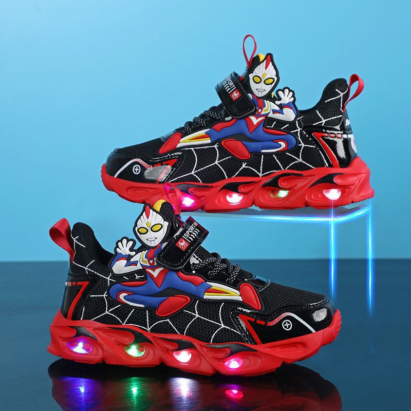2025 Boys' Shoes Children's Anti-Slip Mid-Leat Running Shoes Leather with Lights Spider-Man Children's Sports Shoes Autumn Lightweight