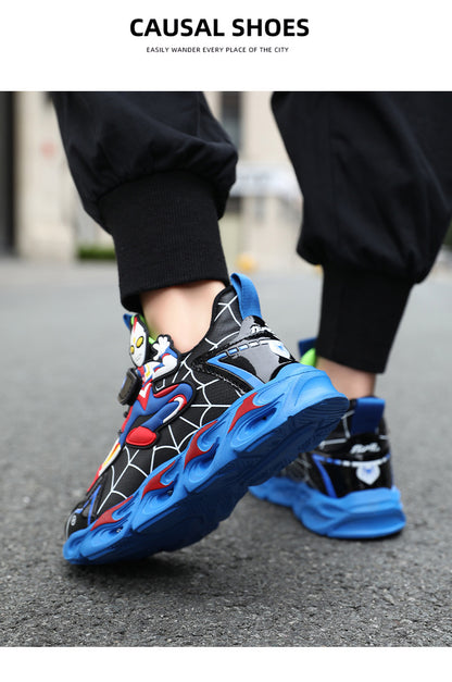 2025 Boys' Shoes Children's Anti-Slip Mid-Leat Running Shoes Leather with Lights Spider-Man Children's Sports Shoes Autumn Lightweight