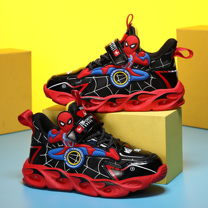 2025 Boys' Shoes Children's Anti-Slip Mid-Leat Running Shoes Leather with Lights Spider-Man Children's Sports Shoes Autumn Lightweight