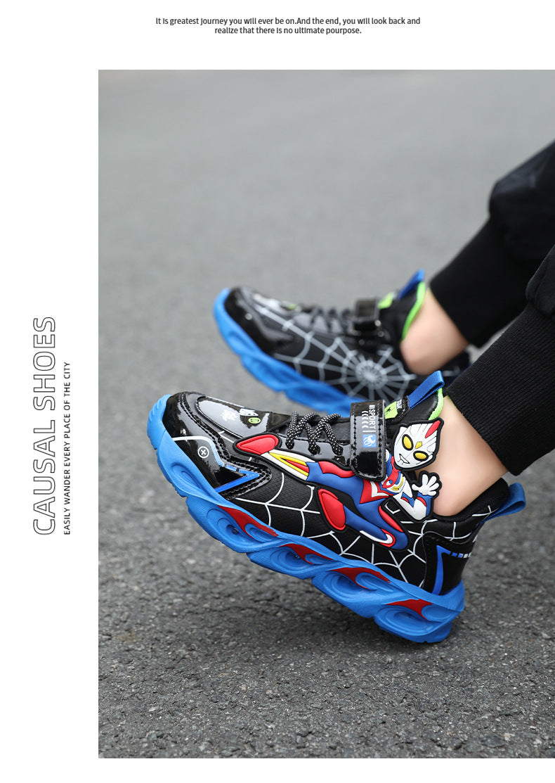 2025 Boys' Shoes Children's Anti-Slip Mid-Leat Running Shoes Leather with Lights Spider-Man Children's Sports Shoes Autumn Lightweight