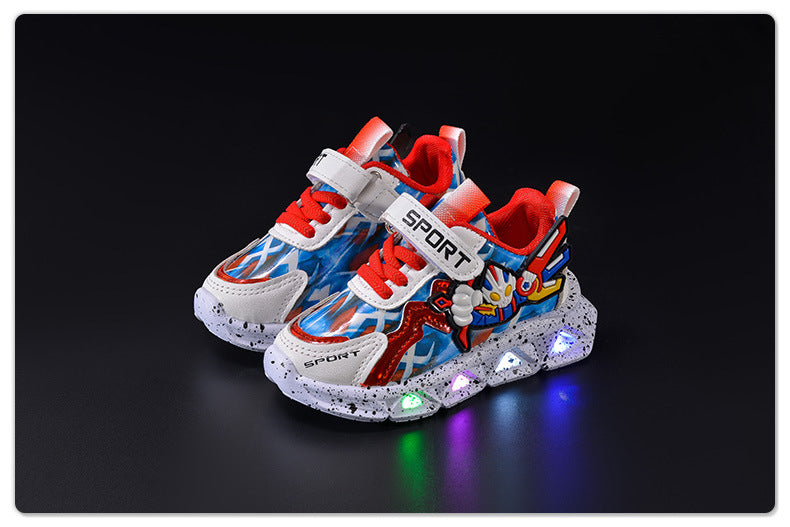 Spring and autumn 2025 new leather bright lights children's sneaker wholesale cartoon with lights boys soft bottom running shoes in stock