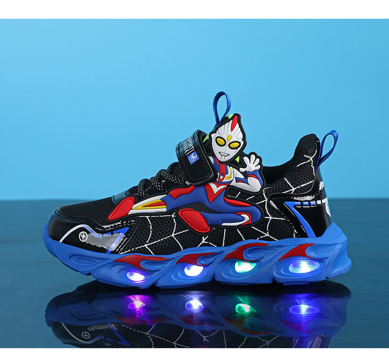 2025 Boys' Shoes Children's Anti-Slip Mid-Leat Running Shoes Leather with Lights Spider-Man Children's Sports Shoes Autumn Lightweight